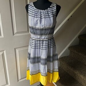 Talbots Knee Length Dress White with yellow and black stripes. Size 4. NWOT.